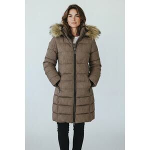 C-RO Denmark Houndstooth 2-Way Stretch Puffer Coat with Faux Fur Hood Size 4